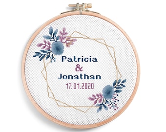 Wedding Hoop Cross Stitch Pattern – Personalized Floral Wreath (PDF)