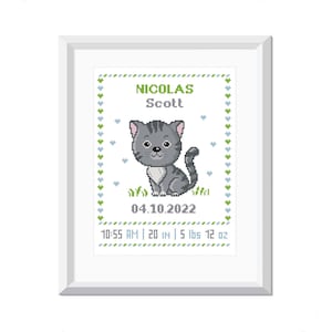 Padrão de ponto cruz para anúncio de nascimento de bebê menino - design fofo de gato - gráfico de bordado para decoração de berçário - presente de chá de bebê - download em PDF