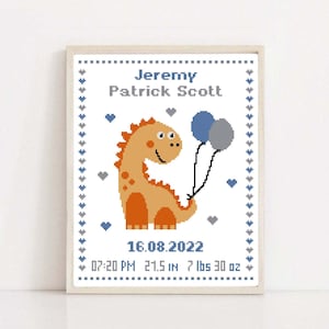 Personalized Birth announcement cross stitch pattern Dinosaur cross stitch Baby Boy Modern cross stitch Baby shower gift Nursery decor PDF