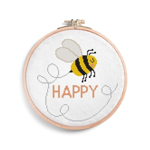 Bee Happy Quote Cross Stitch Pattern - Cute Bee Embroidery - Modern PDF Design - DIY Gift Idea - Positive Wall Art - Instant Download