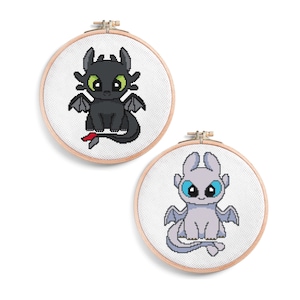 Patrón de punto de cruz de dragones en blanco y negro: Diseño moderno y sencillo (PDF)