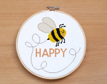 Bee happy Baby сross stitch pattern, be happy pattern, bee cross stitch, modern cross stitch, funny cross stitch, quote cross stitch, gift