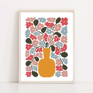 Boho Flower Bouquet Cross Stitch Pattern: Vase Embroidery Design (PDF Download