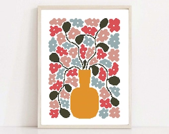 Boho Flower Bouquet Cross Stitch Pattern: Vase Embroidery Design (PDF Download