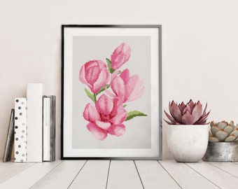 Magnolia cross stitch pattern PDF Flower cross stitch Modern cross stitch Floral cross stitch Watercolor flower Home decor Wall decor