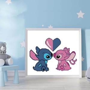 Blue and Pink Alien Cross Stitch Pattern PDF, Heart Chart, Nursery decor, Instant Download image 2