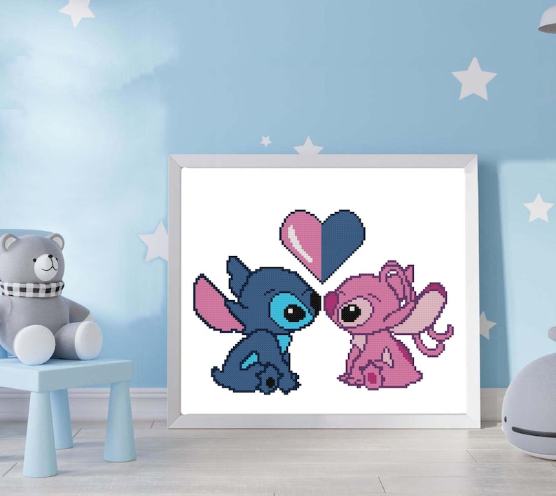 Blue and Pink Alien Cross Stitch Pattern PDF, Heart Chart, Nursery decor, Instant Download image 2