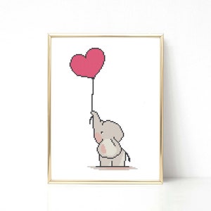 Elefante Bebê ponto cruz padrão Animal ponto cruz Balões Menina Registro de nascimento Ponto cruz moderno Presente de chá de bebê Decoração de berçário PDF