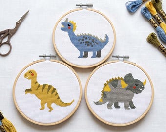 Cute Dinosaur Cross Stitch Pattern Set – Nursery Embroidery (PDF)