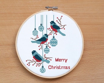 Christmas Birds cross stitch pattern PDF Bullfinch cross stitch Easy Modern cross stitch Merry Christmas gift Greeting card Christmas decor