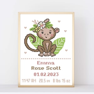 Padrão de ponto cruz para anúncio de nascimento de bebê - Macaco fofo - Decoração de berçário - Presente faça você mesmo para menina recém-nascida - Gráfico em PDF