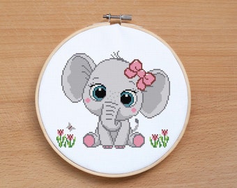 Mignon bébé fille éléphant point de croix motif bébé point de croix point de croix animal point de croix moderne décor de pépinière cadeau de douche de bébé PDF