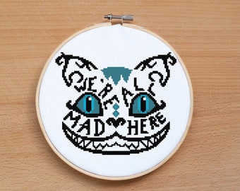 Cheshire Cat Cross stitch pattern Alice in Wonderland Cross stitch pattern Quote We’re all Mad Here PDF Instant Download Home decor