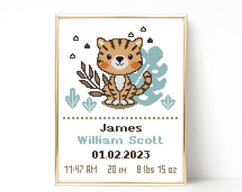 Birth announcement cross stitch pattern Tiger cross stitch Boy Baby cross stitch Safari animals Baby shower Jungle animals Baby gift PDF