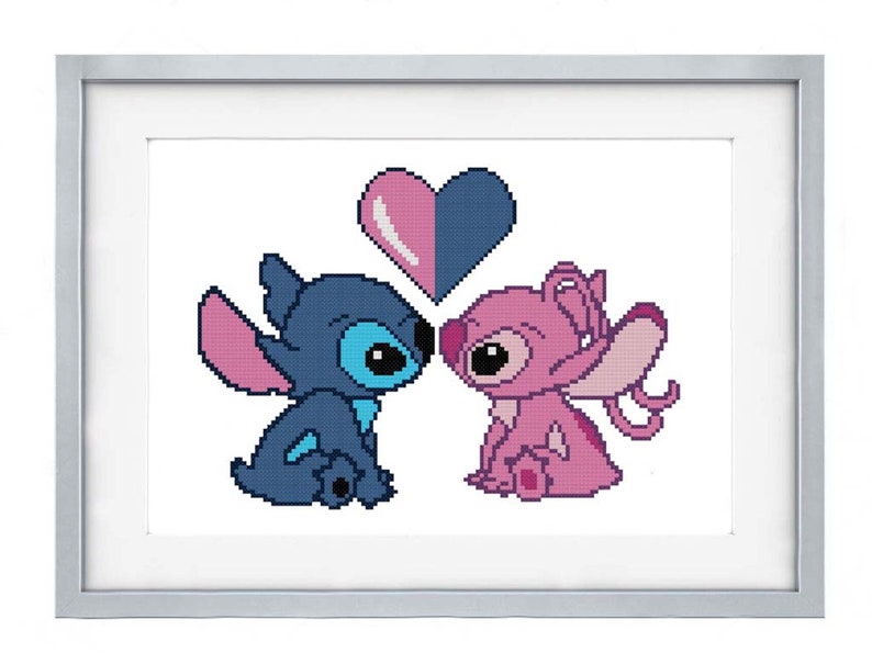 Blue and Pink Alien Cross Stitch Pattern PDF, Heart Chart, Nursery decor, Instant Download image 3