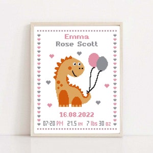 Baby Girl Birth Announcement Cross Stitch Pattern - Cute Dinosaur Embroidery - Nursery Wall Art - Personalized Gift - Instant Download PDF