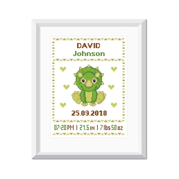 Dinosaur Triceratops cross stitch pattern Boy Birth Announcements Baby cross stitch Modern cross stitch Baby shower gift Nursery decor PDF