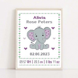 Patrón de punto de cruz para bebé Elefante Niña Anuncios de nacimiento Patrón de punto de cruz moderno Regalo de baby shower Decoración de guardería PDF