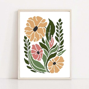 Patrón de punto de cruz floral: elegante diseño de flores y hojas: bordado en PDF para arte mural de bricolaje, decoración de habitaciones modernas