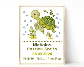 Green Sea Turtle cross stitch pattern Birth Announcement Boy Baby cross stitch Modern cross stitch Baby shower gift Nautical pattern PDF