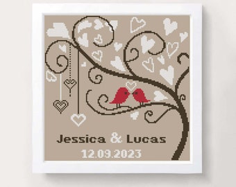 Wedding Tree with Birds cross stitch pattern PDF Mr and Mrs Personalized Wedding Heart cross stitch chart Love cross stitch Easy pattern