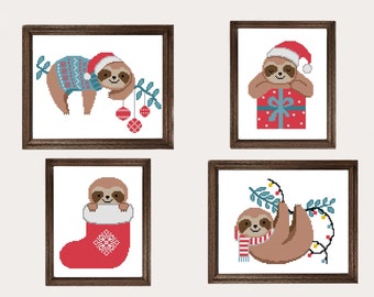 Merry Christmas cross stitch pattern Easy counted cross stitch design Sloth cross stitch Modern embroidery Funny Sloth PDF Christmas decor