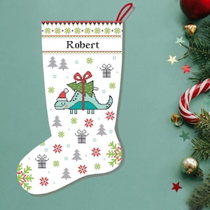 Cute Dinosaur Christmas Stocking Cross Stitch Pattern PDF / Funny Modern Counted Easy Ornaments Cross Stitch for Beginner Instant Download