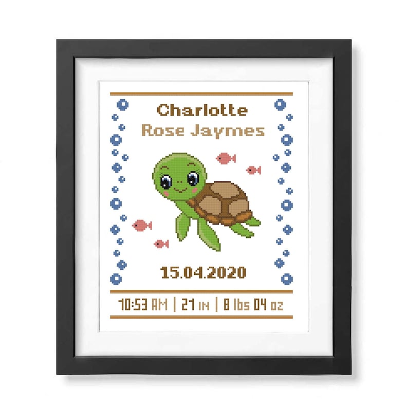 Sea turtle Baby cross stitch pattern Girl Birth Announcement Modern cross stitch Baby shower gift Nursery decor PDF image 2