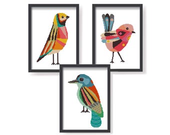 Geometric Birds Cross Stitch Pattern: Modern Animal Embroidery (PDF)