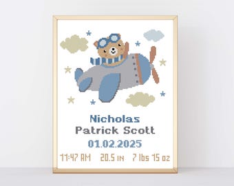 Bear Airplane Birth Announcement Cross Stitch Pattern: Baby Boy Nursery Decor (PDF Download)