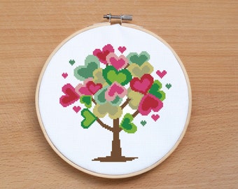 Coeur arbre motif de point de croix PDF arbre de mariage arbre d'amour point de croix moderne Saint-Valentin broderie cerceau Art point de croix facile