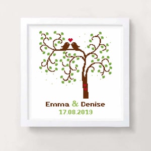 Tree of Life Cross Stitch Pattern – Customizable Wedding Design with Birds, Names Date – PDF Template for DIY Wedding Gifts