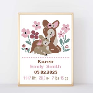 Deer Birth Announcement Cross Stitch Pattern – Floral Mother and Baby PDF – Newborn Gift – DIY Nursery Decor for Baby Girl