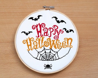 Happy Halloween cross stitch pattern PDF Spider Bat cross stitch Trick or Treat Modern Easy cross stitch Halloween decor