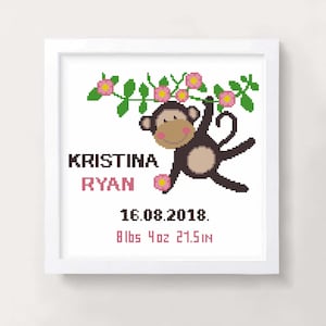 Padrão de ponto cruz para anúncio de nascimento de bebê menina - design fofo de macaco - gráfico de bordado para decoração de berçário - presente faça você mesmo - download em PDF