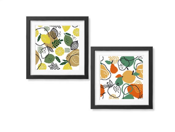 Fruit Cross Stitch Pattern Set PDF: Modern Kitchen Decor, Minimalist Boho Fruit Embroidery, Instant Download