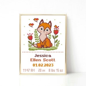 Baby Fox cross stitch pattern Girl Birth Announcement Modern cross stitch Baby shower gift Little fox Woodland Nursery decor PDF