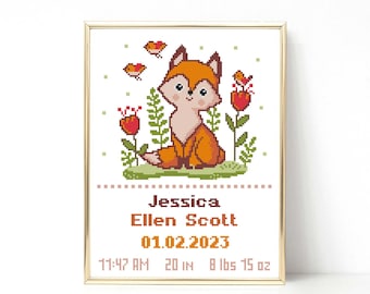 Baby Fox cross stitch pattern Girl Birth Announcement Modern cross stitch Baby shower gift Little fox Woodland Nursery decor PDF