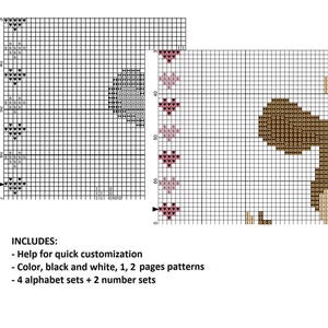 Pu&ograve; includere: Schema di punto croce per un orso bruno con un bordo a forma di cuore. Lo schema include istruzioni per una personalizzazione rapida, colore, bianco e nero, schemi a 1 e 2 pagine, 4 set di alfabeto e 2 set di numeri.