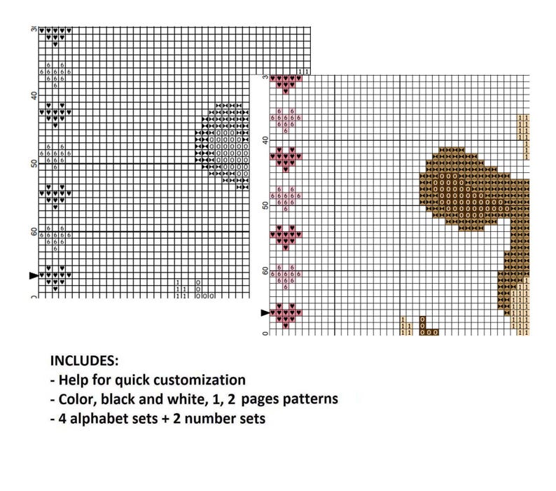Pu&ograve; includere: Schema di punto croce per un orso bruno con un bordo a forma di cuore. Lo schema include istruzioni per una personalizzazione rapida, colore, bianco e nero, schemi a 1 e 2 pagine, 4 set di alfabeto e 2 set di numeri.