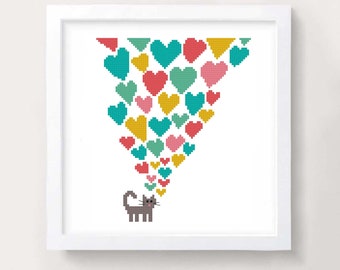 Cat with Colorful Hearts Cross Stitch Pattern: Valentine's Day Love (PDF Pattern)