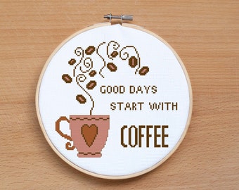 Coffee cross stitch pattern PDF Coffee lover Quote cross stitch Wall decor Counted Easy cross stitch Modern embroidery Coffee time