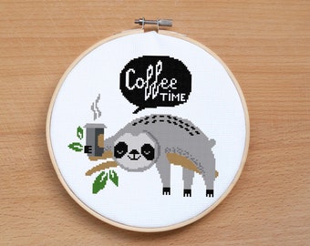 Coffee cross stitch pattern PDF Funny sloth cross stitch Coffee Lover Modern Easy cross stitch Quote cross stitch Coffee time Home decor