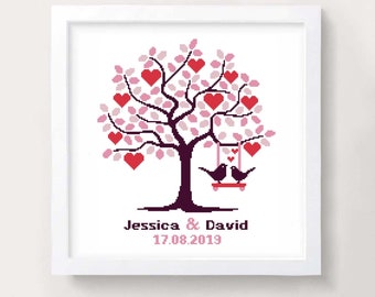 May include: A cross-stitch pattern of a pink and red heart tree with two birds on a swing. The text below the tree reads "Jessica & David 17.08.2019".