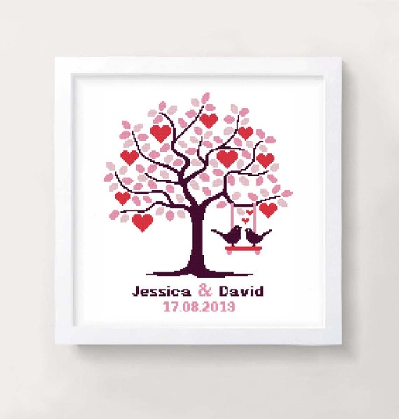 Tree of Life Wedding Cross Stitch Pattern, Personalized Mr & Mrs (PDF Template)