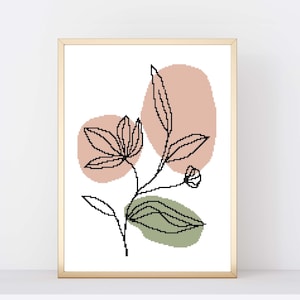 Padrão de ponto cruz minimalista de flores, desenho de uma linha, ponto cruz moderno boho botânico, bordado, download instantâneo de PDF, arte de parede