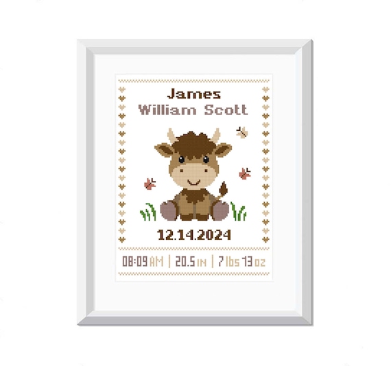 Baby Highland Cow Cross Stitch Pattern: Boy Birth Announcement (PDF)