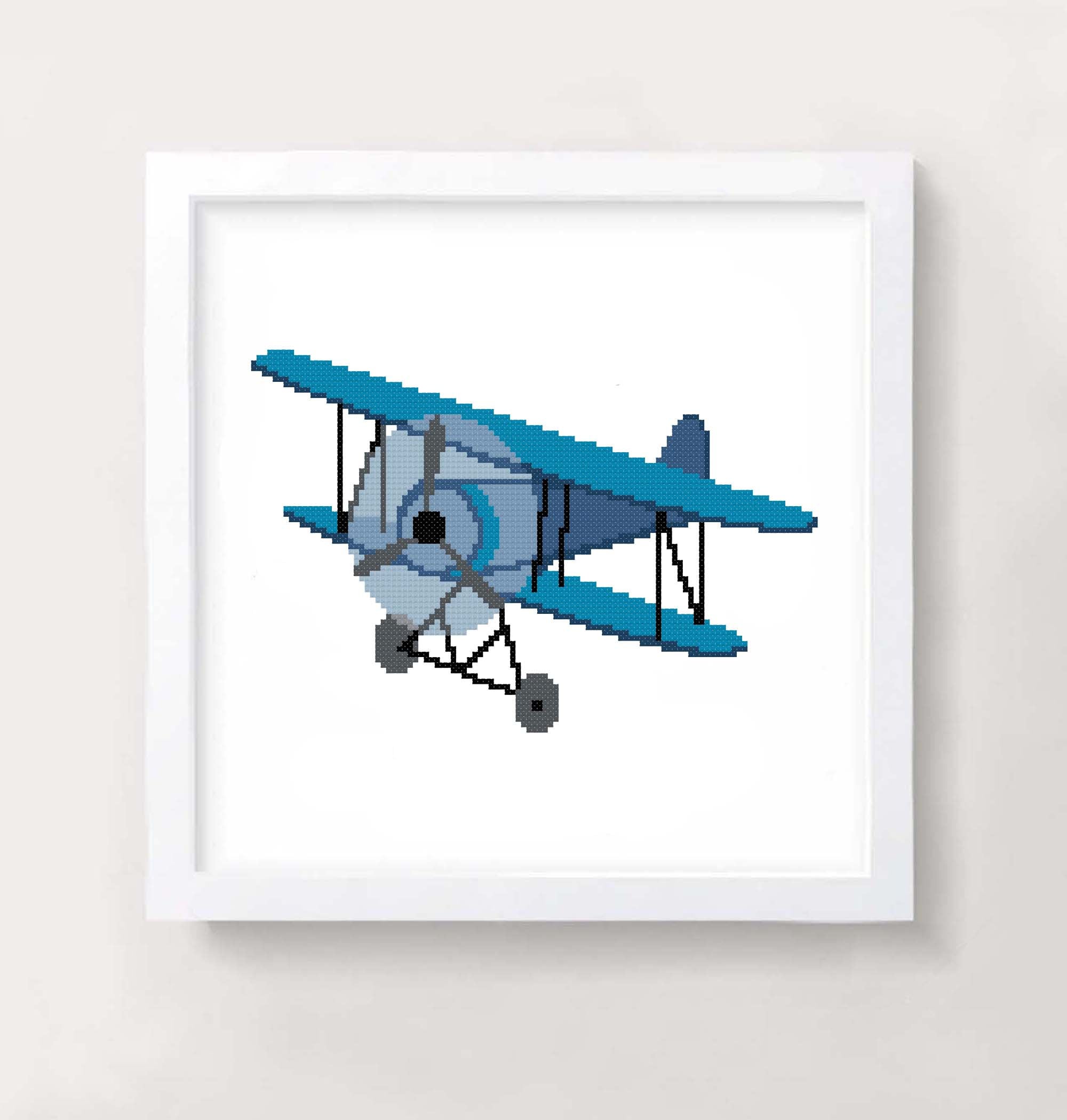 Blue Airplane cross stitch pattern Vintage Biplane Plane cross Etsy