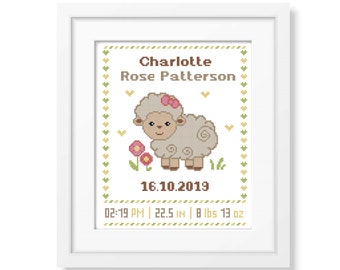 Baby cross stitch pattern Lamb Girl Birth Announcements Easy Modern cross stitch Baby shower gift Nursery decor Animal cross stitch PDF