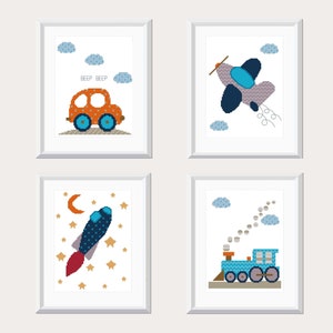 Plan Rocket Train Car cross stitch pattern Baby Boy cross stitch Nursery decor Birth announcement  Modern cross stitch Baby shower Gift